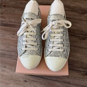 Miu Miu Silver Glitter Lace-Up Sneakers with Cream Accents